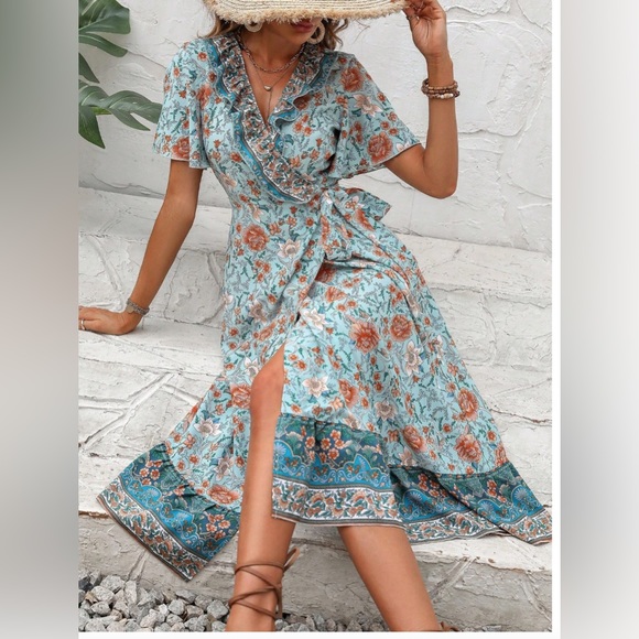 Blue Boho Floral Print Ruffle Trim Wrap Knot Side Dress - Picture 4 of 6